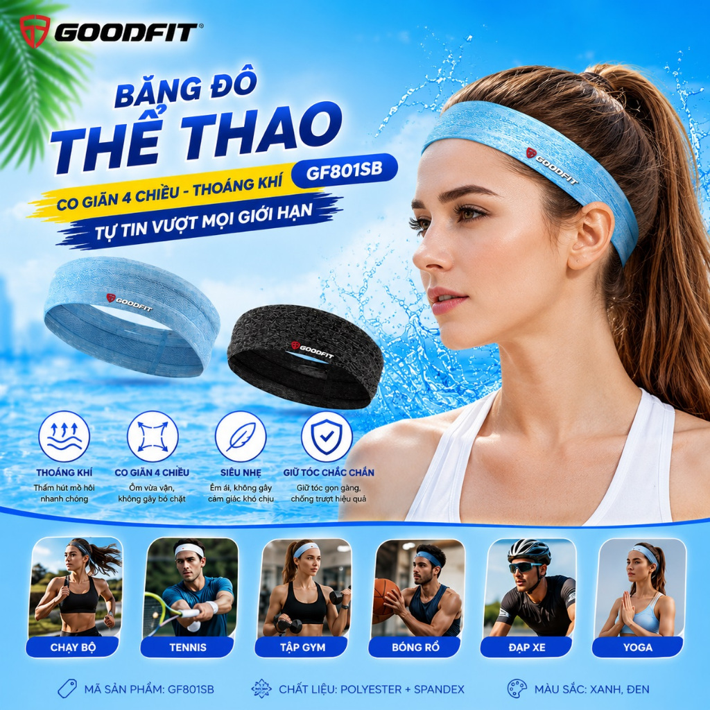 Băng đô thể thao nam nữ GoodFit GF801SB thời trang, chất liệu co giãn 4 chiều, thấm hút mồ hôi tốt
