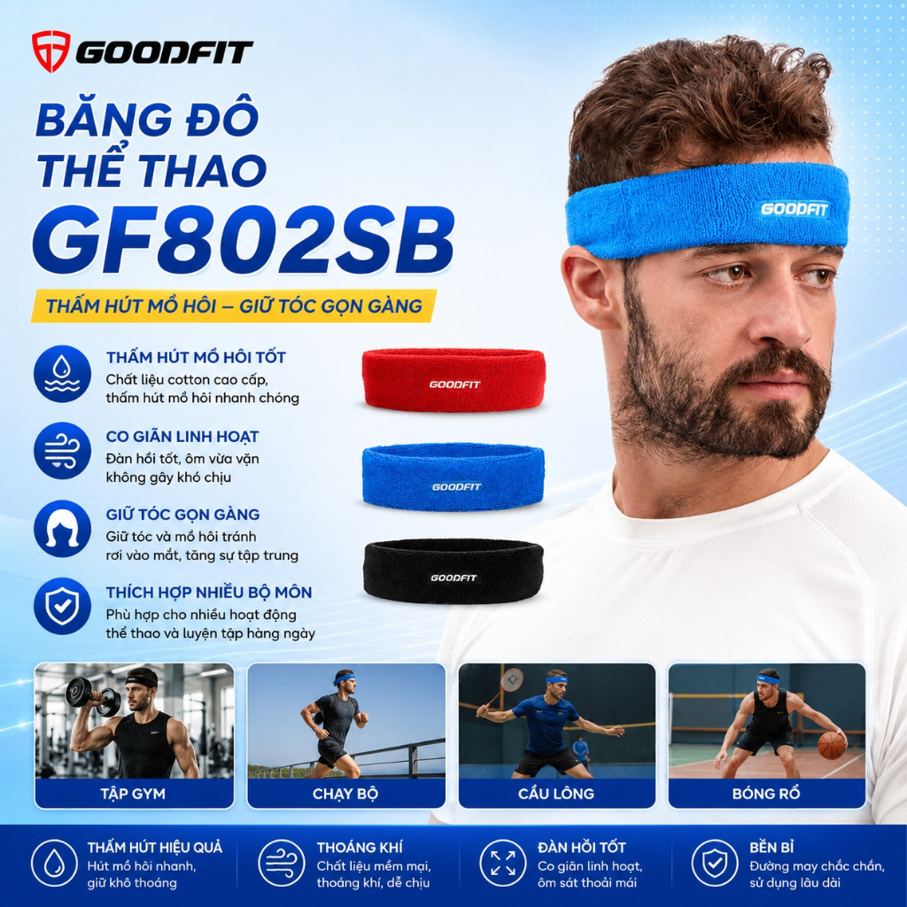 Băng đô thể thao, cài tóc Headband GoodFit GF802SB bằng vải cotton cao cấp mềm mại, thấm hút mồ hôi tốt