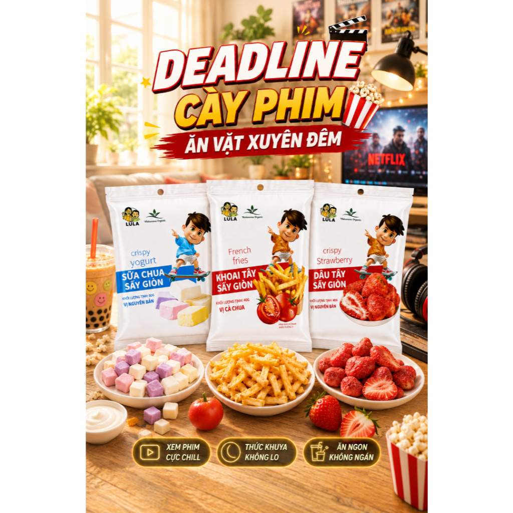 COMBO DEADLINE CÀY PHIM WAKAMONO ORGANIC: Khoai tây sấy giòn vị cà chua + Dâu tây sấy giòn + Sữa chua sấy giòn