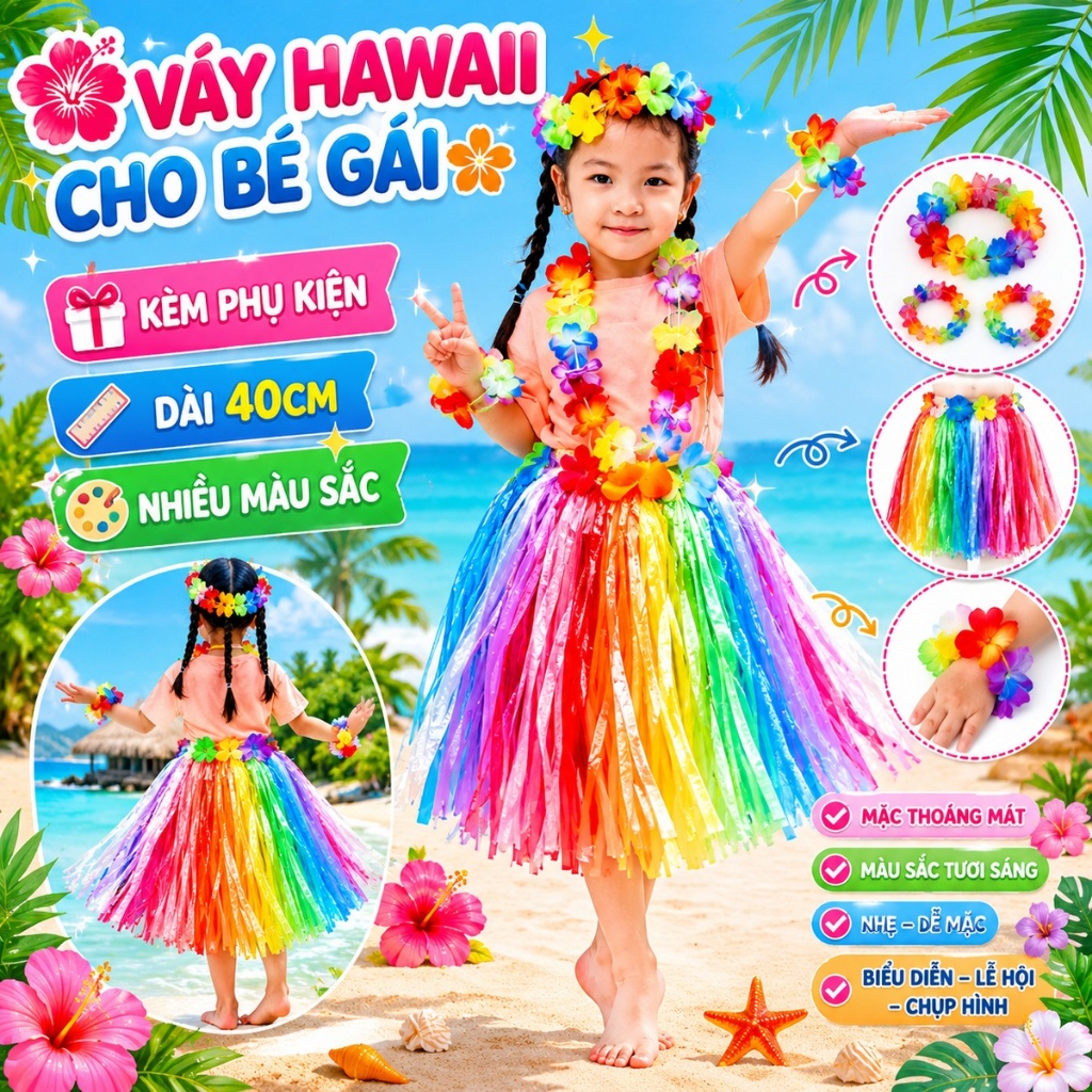 Váy Hawaii Cho Bé Gái - Thời Trang Tái Chế cho bé -Trang Phục Biểu Diễn Hawaii - Váy Tua Rua Múa Hè - Đồ Văn Nghệ Trẻ Em