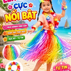 Váy Hawaii Cho Bé Gái - Trang Phục Biểu Diễn Hawaii - Váy Múa Tua Rua Dài 40cm Kèm Vòng Hoa Đầu Cổ Tay Cho Trẻ Em