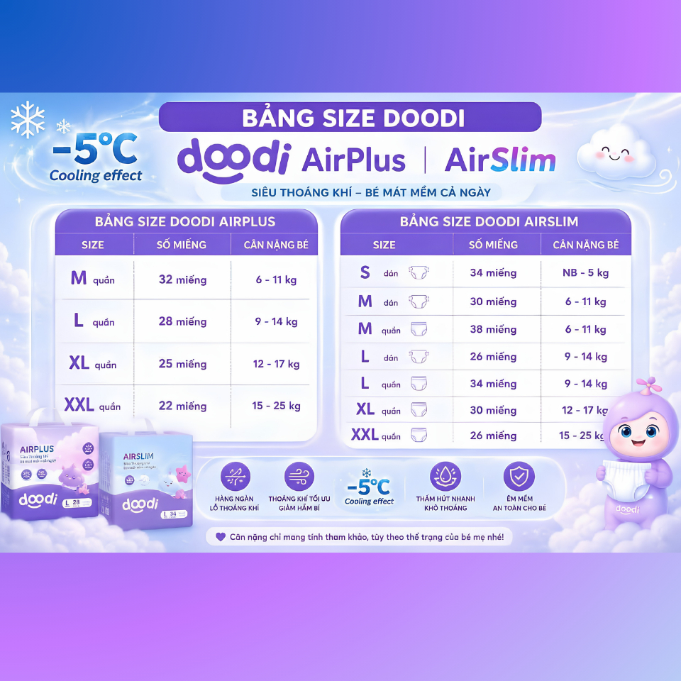 Bỉm Điều Hòa Doodi AirSlim AirPlus Chính Hãng | Tã Quần - Tã Dán Siêu Mỏng, Thoáng Khí, Thấm Hút Tốt, Mềm Mại Cho Bé