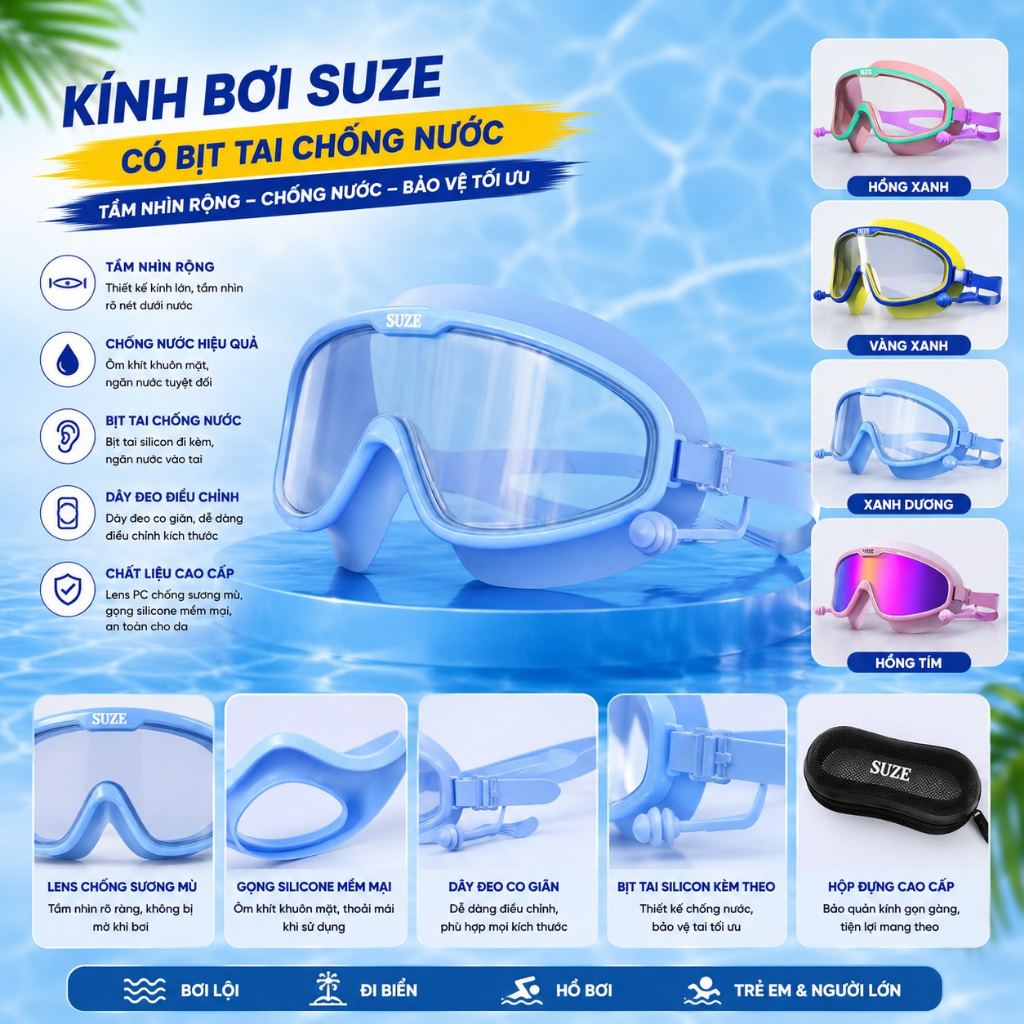 Kính bơi SUZE có tích hợp BỊT TAI cho trẻ em và người lớn mặt nhỏ, góc nhìn siêu rộng, chống sương mù và tia UV tốt