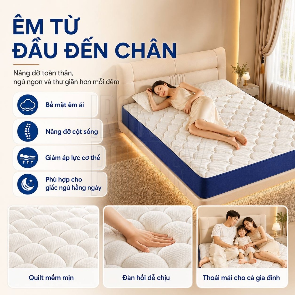 Nệm Hybrid Foam Cao Cấp 20cm Không Lún Chống Đau Lưng Thoáng Khí Cho Giường Ngủ Gia Đình