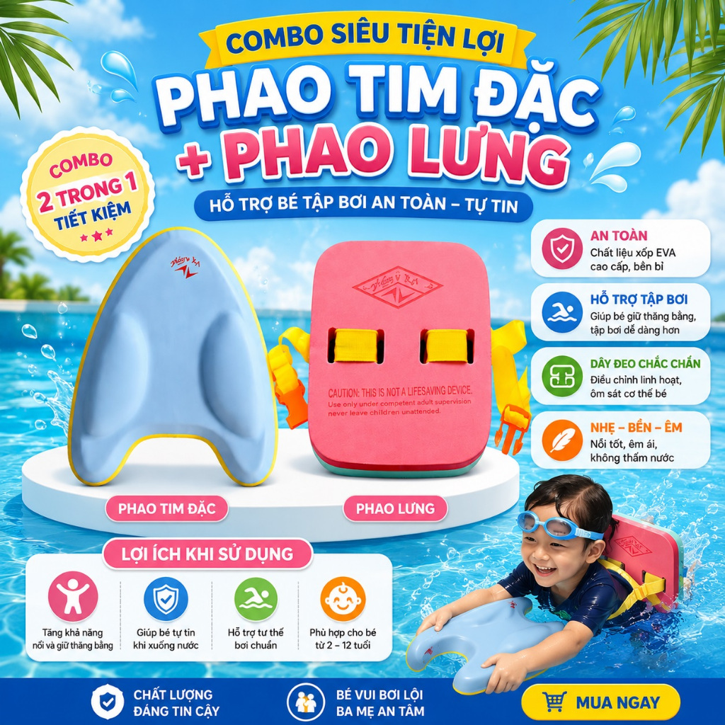 Combo Phao Tim Thắng Lợi + Phao Lưng Tập Bơi Trẻ Em EVA Cao Cấp, Hỗ Trợ Học Bơi An Toàn Cho Bé
