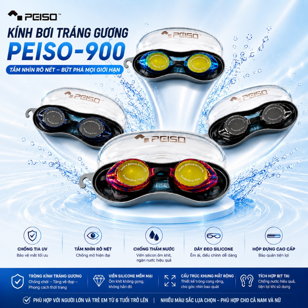 Kính bơi tráng gương Peiso cho người lớn, chống lóa, chống nước tốt