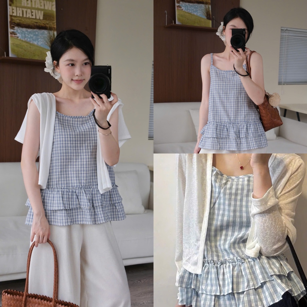 Mira Set (TSW) Set áo hai dây thô kẻ xoè tầng kèm áo thun cardigan Nữ the.sweaterweather