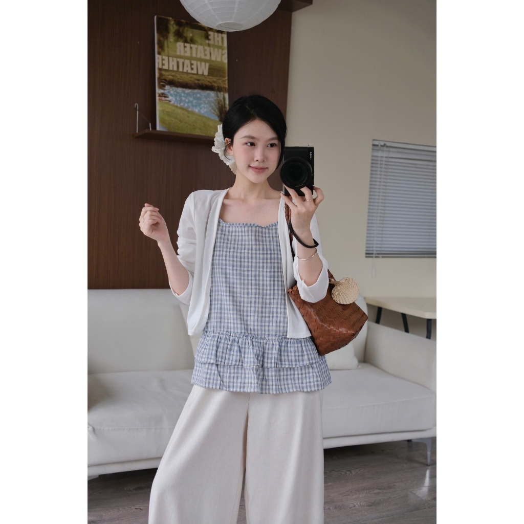 Mira Set (TSW) Set áo hai dây thô kẻ xoè tầng kèm áo thun cardigan Nữ the.sweaterweather
