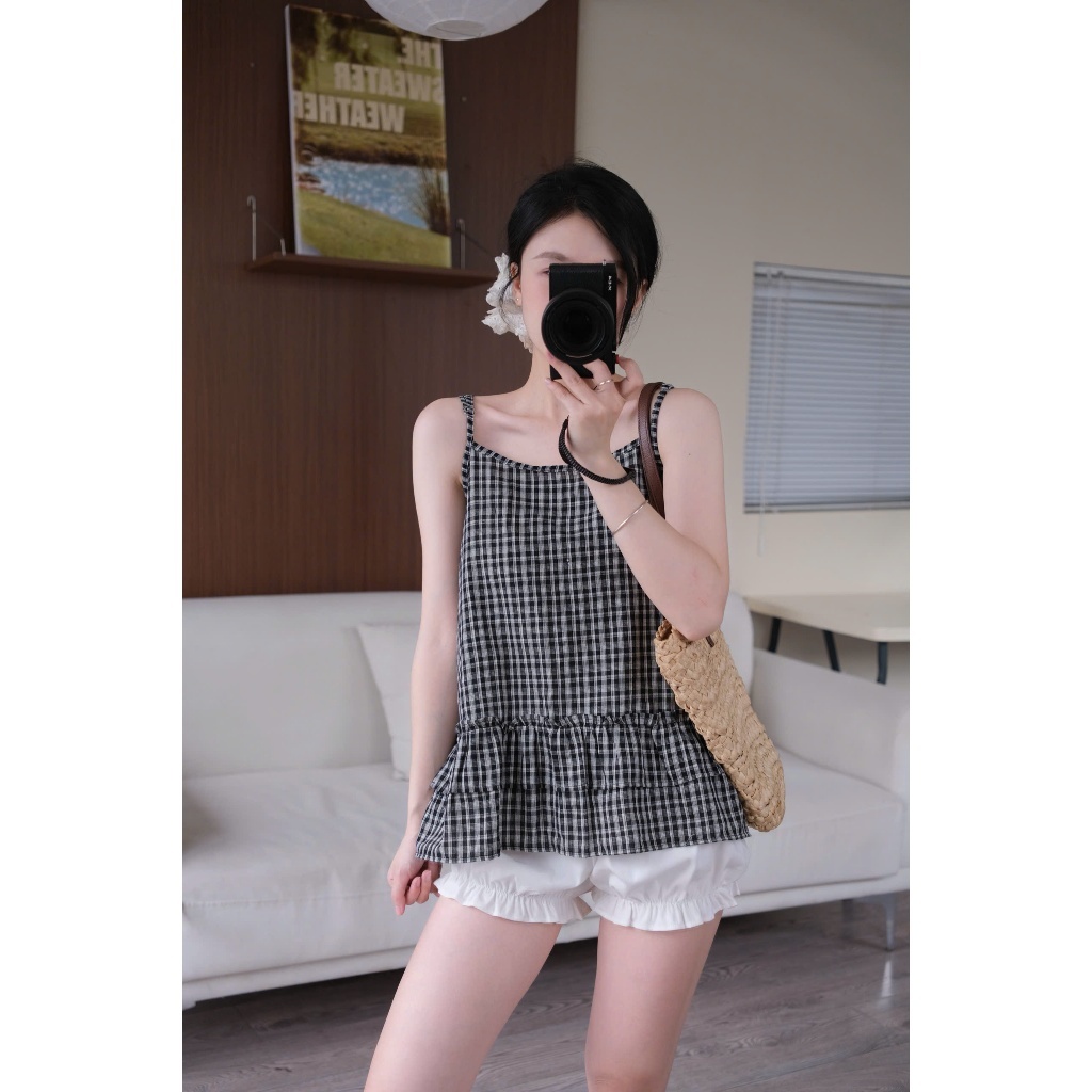 Mira Set (TSW) Set áo hai dây thô kẻ xoè tầng kèm áo thun cardigan Nữ the.sweaterweather