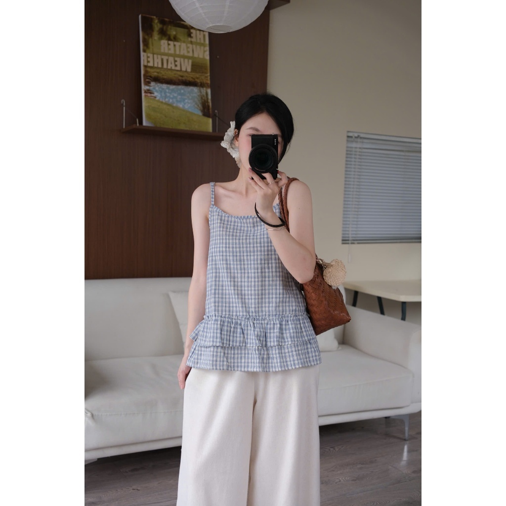 Mira Set (TSW) Set áo hai dây thô kẻ xoè tầng kèm áo thun cardigan Nữ the.sweaterweather