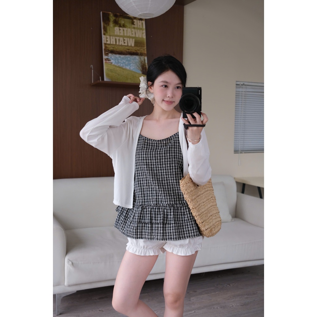 Mira Set (TSW) Set áo hai dây thô kẻ xoè tầng kèm áo thun cardigan Nữ the.sweaterweather