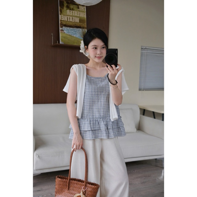 Mira Set (TSW) Set áo hai dây thô kẻ xoè tầng kèm áo thun cardigan Nữ the.sweaterweather