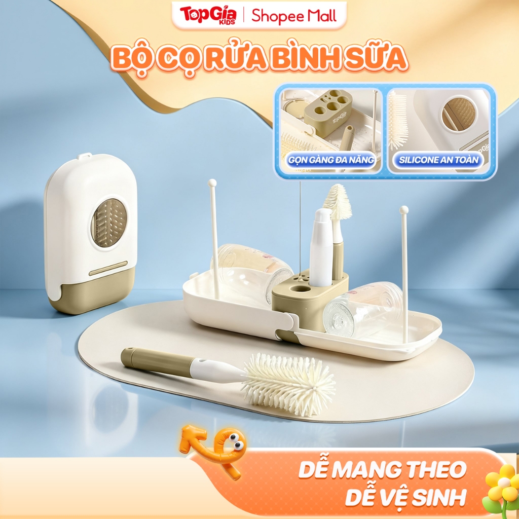 Bộ cọ rửa bình sữa, núm ti Topgiakids cho bé chất liệu silicone an toàn, đa năng, gấp gọn, tiện lợi