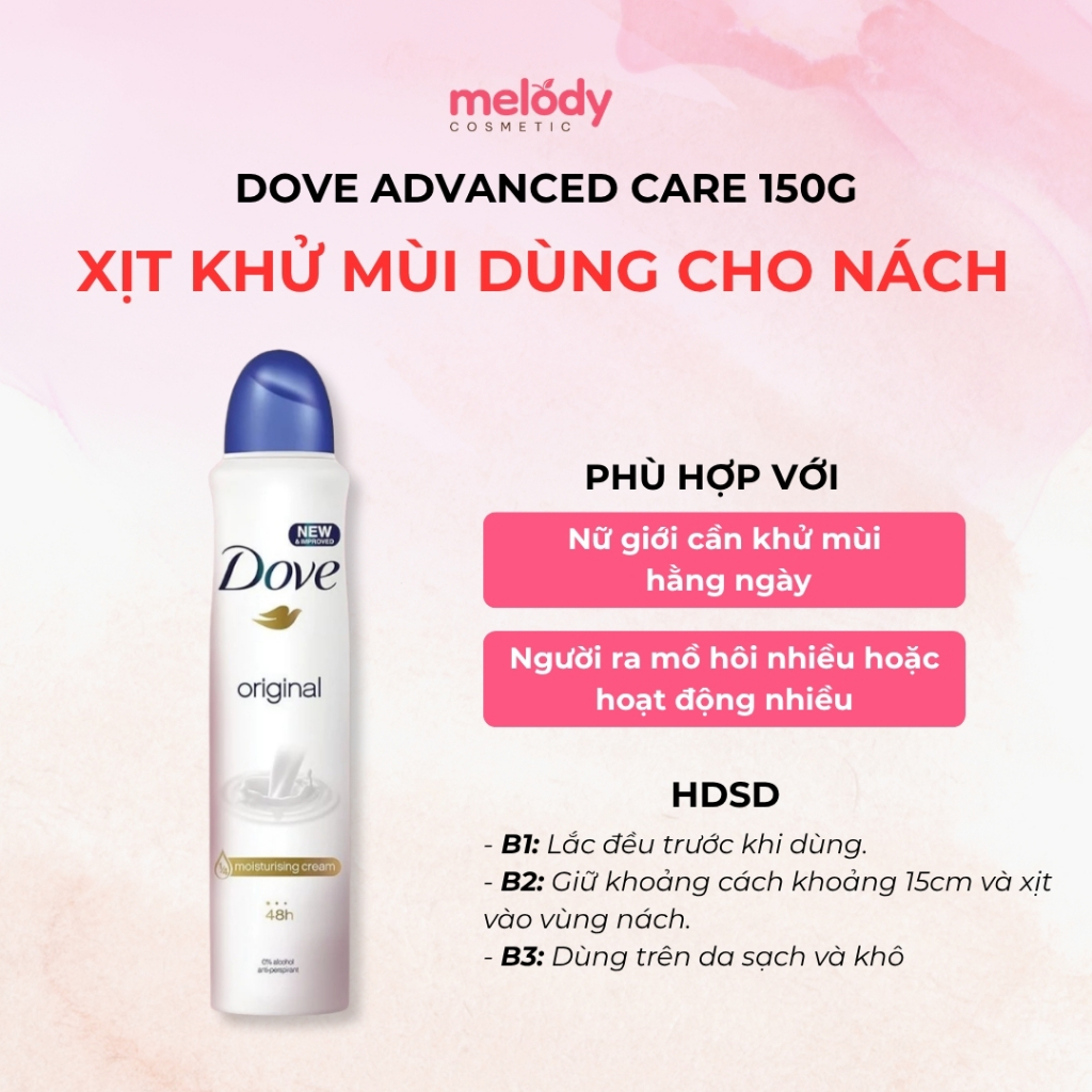 Xịt Khử Mùi Vùng Nách Dove Advanced Care Dry Spray Antiperspirant Deodorant 150g, Giúp Nách Khô Thoáng Lên đến 48h