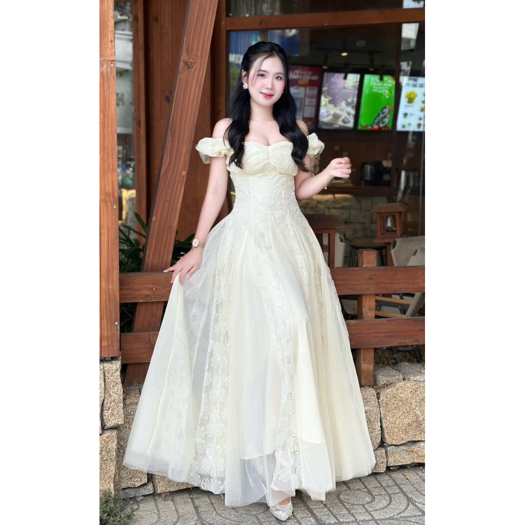 Váy Đầm Đi Tiệc Trễ Vai LASY Thời Trang Nữ Dáng Dài Siêu Bồng Bềnh Chất Ren Hoa Kim Tuyến Phối Lưới