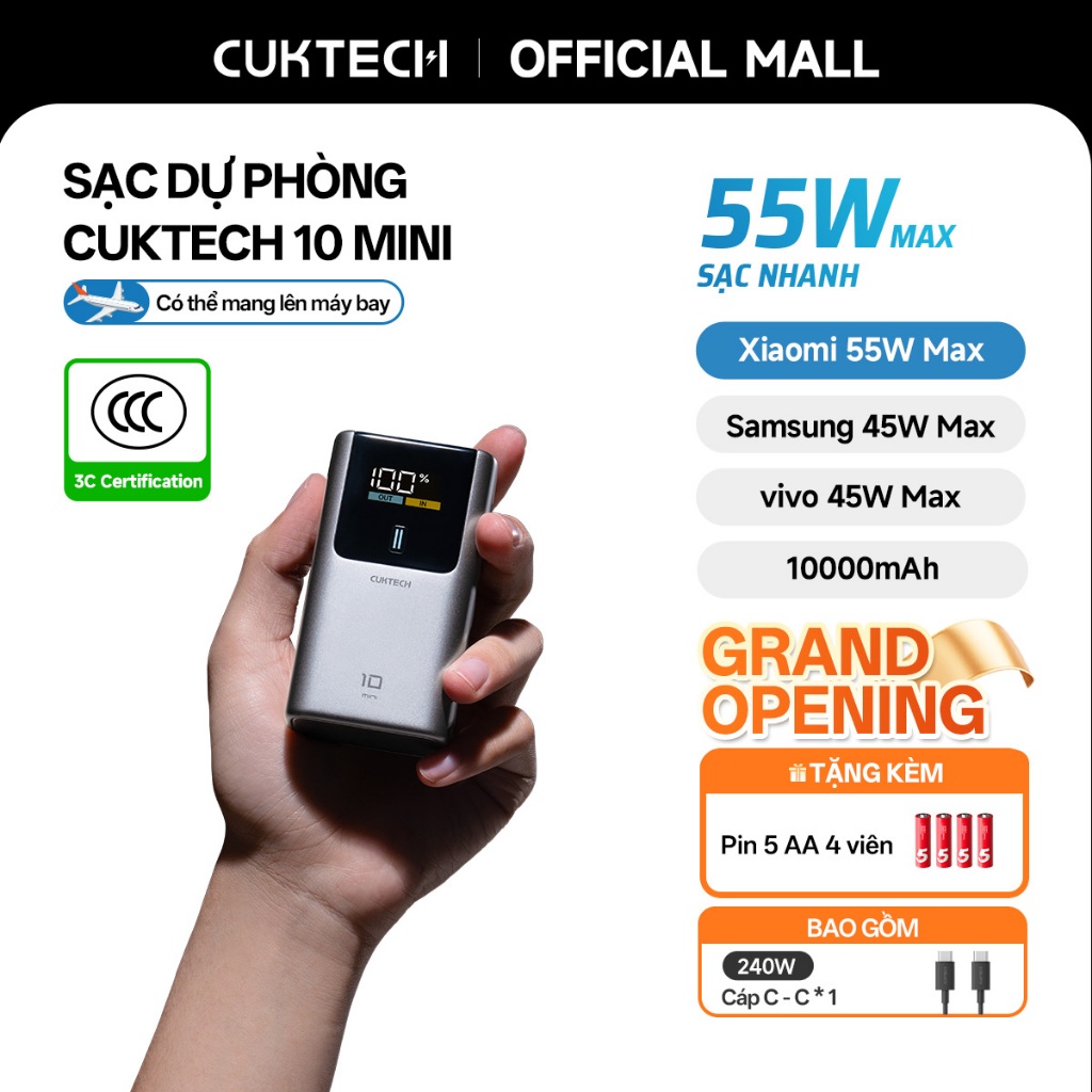 【Được chứng nhận CCC】CUKTECH Mini 55W Sạc Nhanh 10000mAh Pin Sạc Dự Phòng Xiaomi 55W Max Samsung 45W iP16/15/14