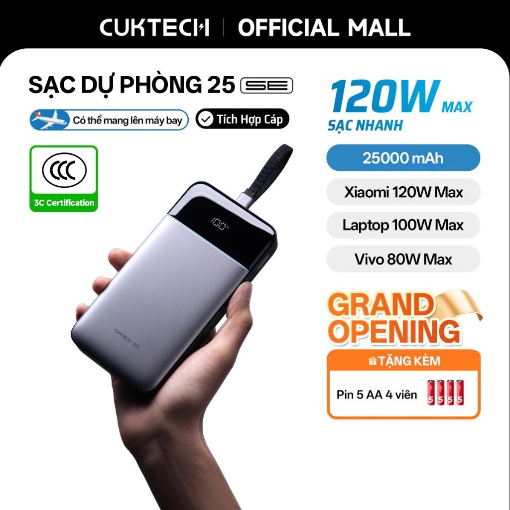 CUKTECH 120W 25000mAh Sạc Nhanh Công Suất Cao Pin Dự Phòng – Hỗ Trợ Xiaomi 120W Laptop 100W Samsung 45W iP16/15/14