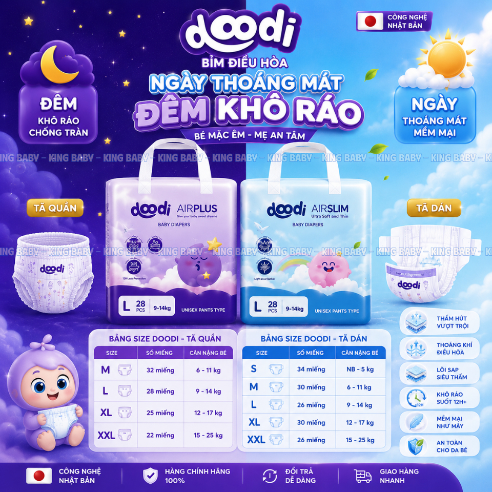 Bỉm Điều Hòa Doodi AirSlim AirPlus Chính Hãng | Tã Quần - Tã Dán Siêu Mỏng, Thoáng Khí, Thấm Hút Tốt, Mềm Mại Cho Bé