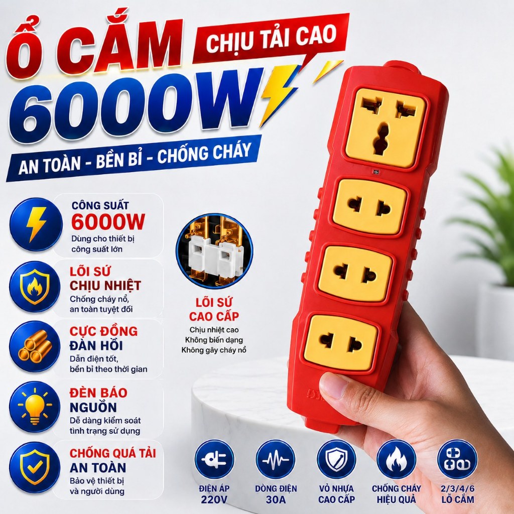 Ổ Cắm Điện HINOKI 4 ổ COMBO 2/3/5 Chống Cháy 6000W Cực Đồng Bền Bỉ Cho Thiết Bị Công Suất Cao
