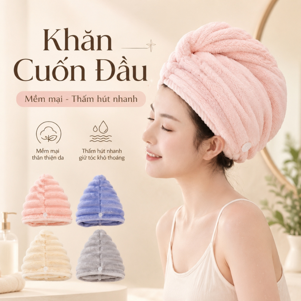 Set 2 Mũ Quấn Tóc Lông Dệt Sóng Thấm Hút Tốt, TIDY SHOP, Khăn Bông Ủ Tóc Nhanh Khô Sau Khi Gội