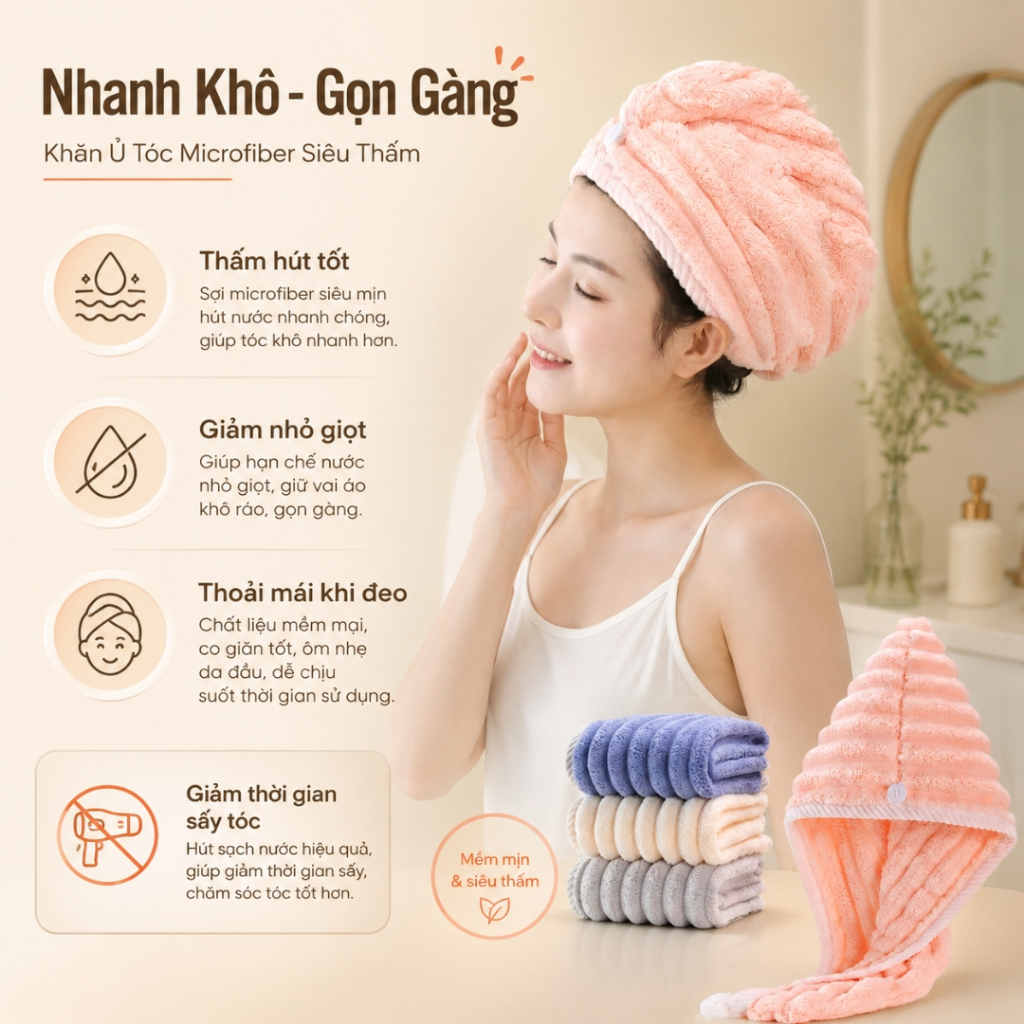 Set 2 Mũ Quấn Tóc Lông Dệt Sóng Thấm Hút Tốt, TIDY SHOP, Khăn Bông Ủ Tóc Nhanh Khô Sau Khi Gội
