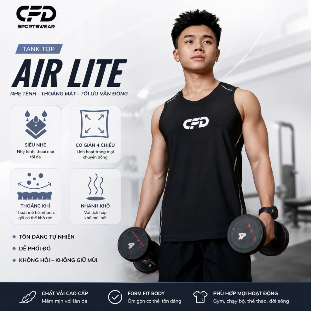 Áo Tanktop Gym Nam Air Lite, Form Tôn Dáng Tự Nhiên, Chất Vải Siêu Nhẹ, Thoáng Khí