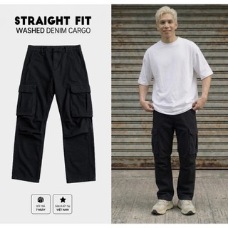 Quần Jeans Cargo Nam Form Suông Ống Rộng Wash Vintage Túi Hộp Streetwear Unisex