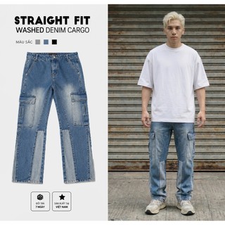 Quần Jeans Cargo Nam Form Suông Ống Rộng Wash Vintage Túi Hộp Streetwear Unisex