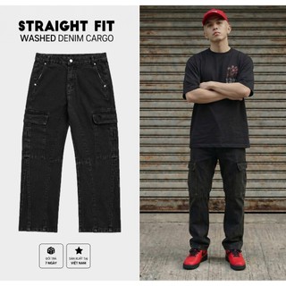 Quần Jeans Cargo Nam Form Suông Ống Rộng Wash Vintage Túi Hộp Streetwear Unisex