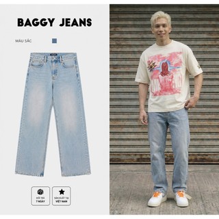 Quần Jeans Nam Basic Dáng Suông Cạp Cao Màu Blue Light