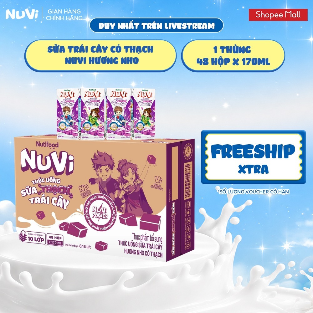[KOL] Thùng 48 Hộp Thức Uống Sữa Có Thạch NuVi Chọn Vị 170ml