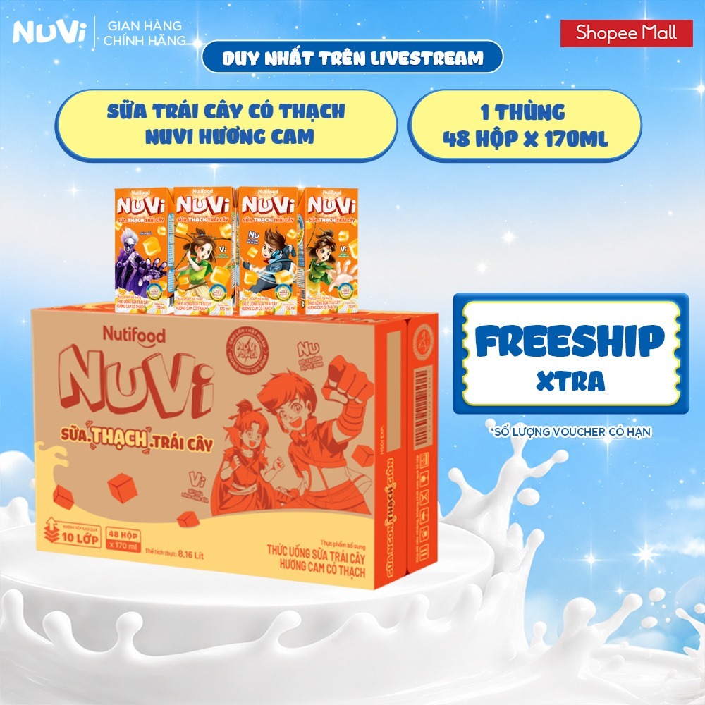 [KOL] Thùng 48 Hộp Thức Uống Sữa Có Thạch NuVi Chọn Vị 170ml