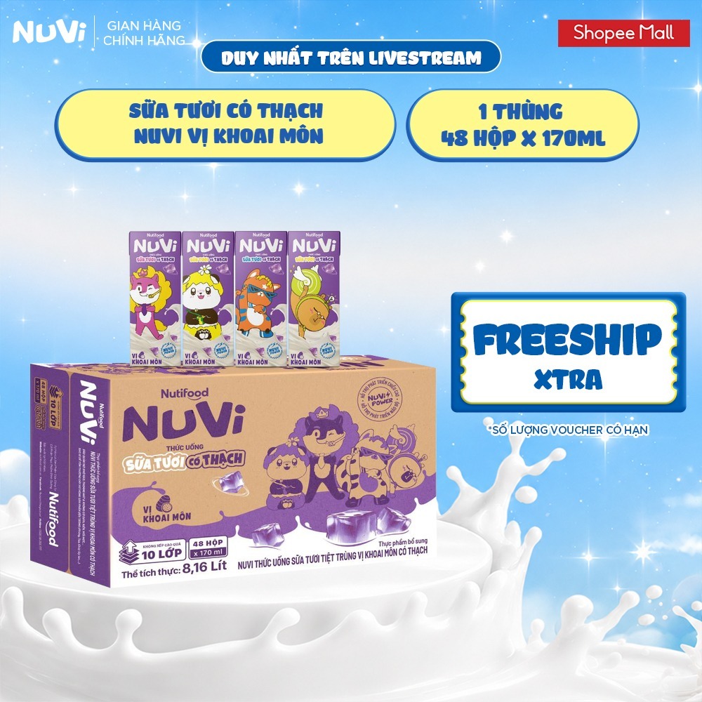 [KOL] Thùng 48 Hộp Thức Uống Sữa Tươi Có Thạch NuVi Chọn Vị 170ml