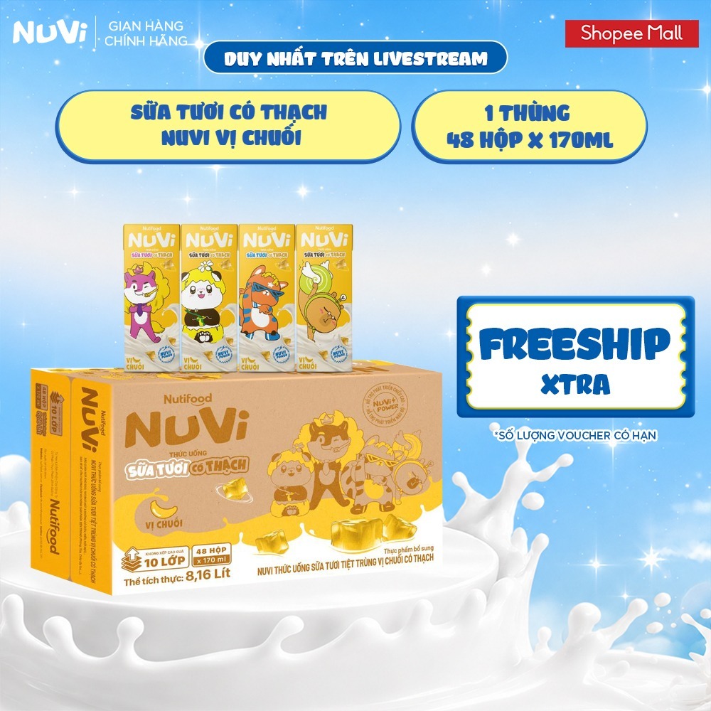 [KOL] Thùng 48 Hộp Sữa Tươi Lên Men Tiệt Trùng NuVi 170ml