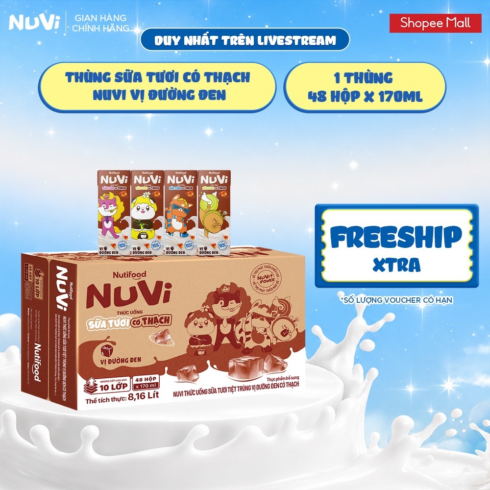 [KOL] Thùng 48 Hộp Thức Uống Sữa Tươi Có Thạch NuVi Chọn Vị 170ml
