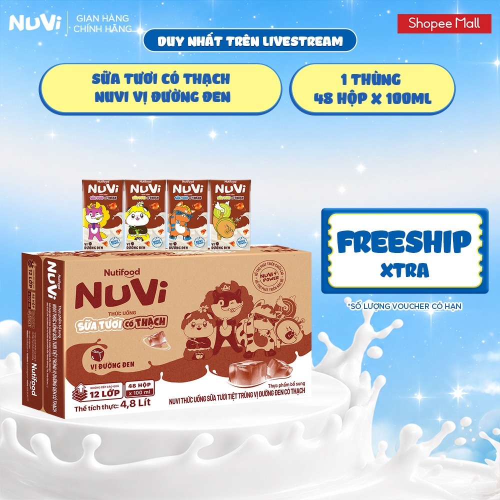 [KOL] Thùng 48 Hộp Thức Uống Sữa Tươi Có Thạch NuVi Chọn Vị 100ml