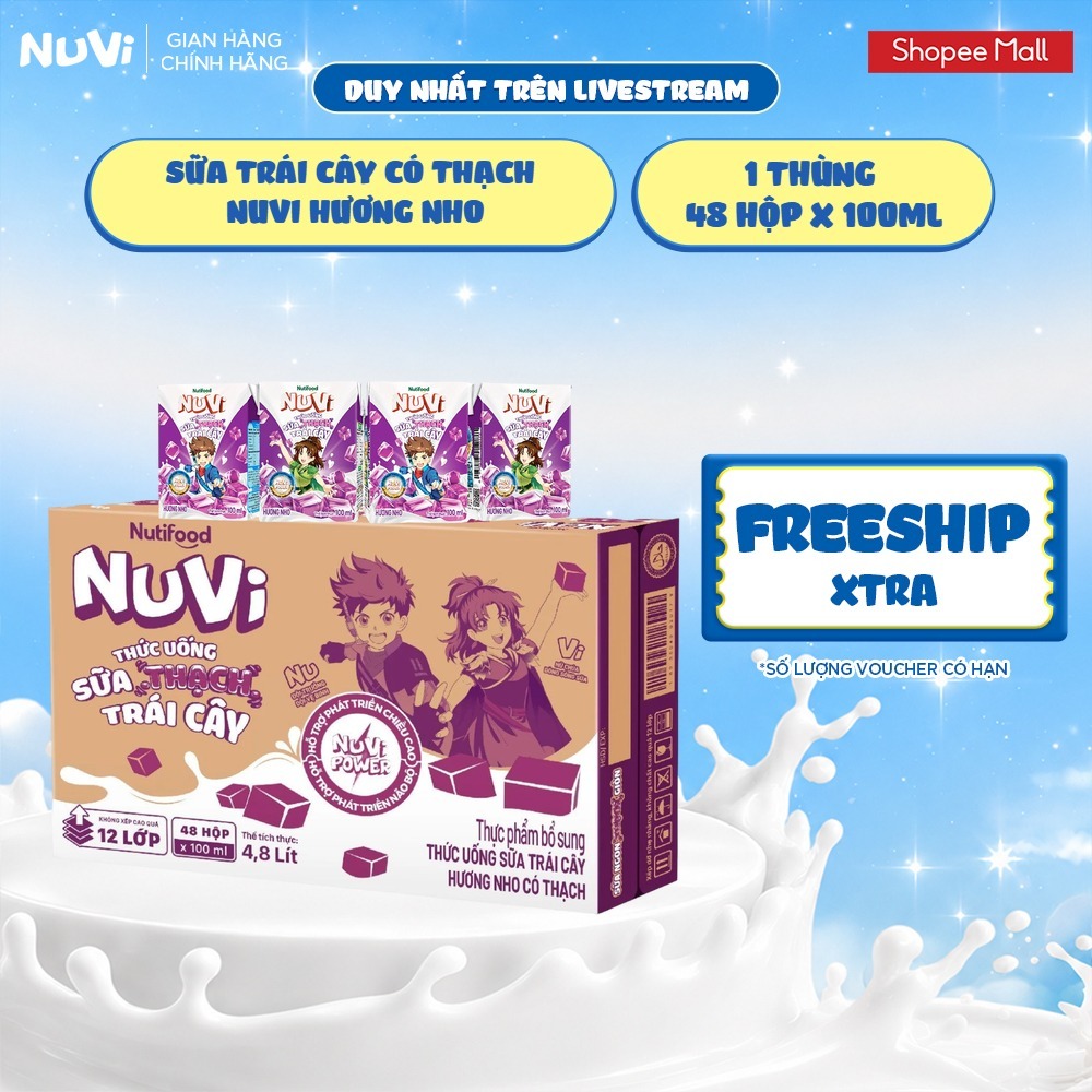 [KOL] Thùng 48 Hộp Thức Uống Sữa Có Thạch NuVi Chọn Vị 100ml