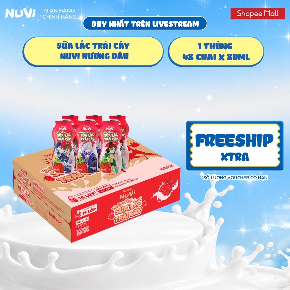 [KOL] Thùng 48 Chai Sữa Lắc Trái Cây NuVi 80ml (Dâu/Cam)