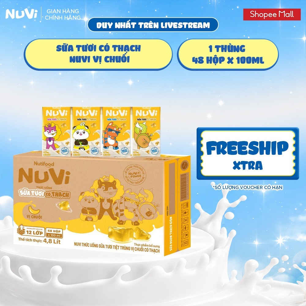 [KOL] Thùng 48 Hộp Thức Uống Sữa Tươi Có Thạch NuVi Chọn Vị 100ml