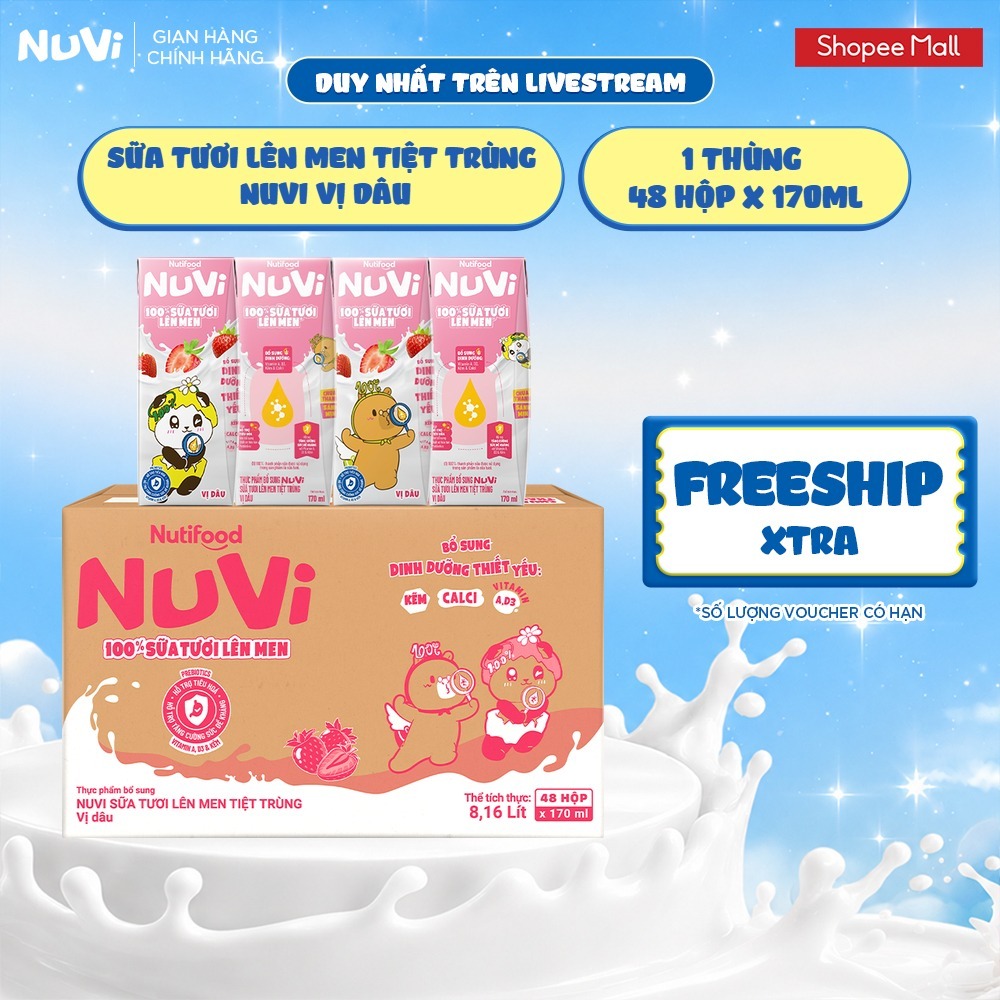 [KOL] Thùng 48 Hộp Sữa Tươi Lên Men Tiệt Trùng NuVi 170ml