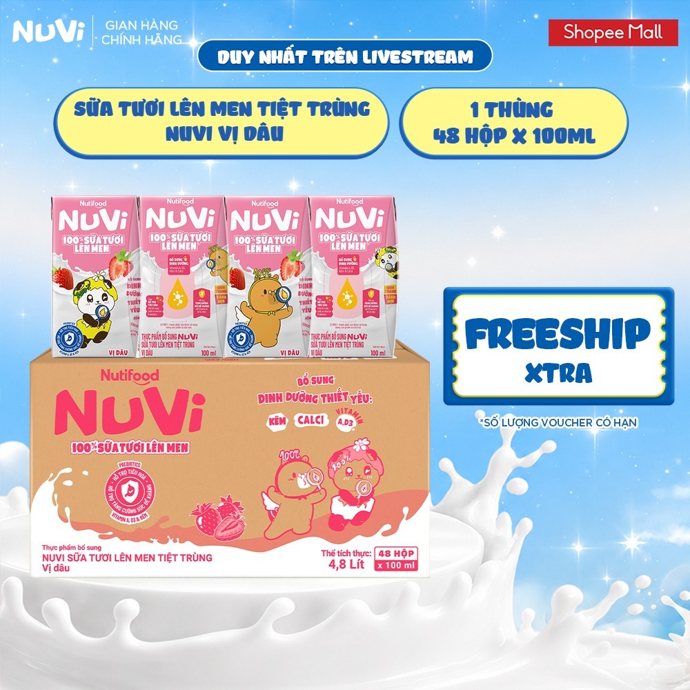[KOL] Thùng 48 Hộp Sữa Tươi Lên Men Tiệt Trùng NuVi 100ml