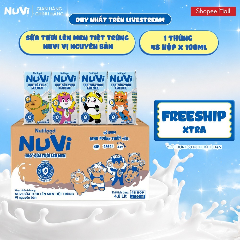 [KOL] Thùng 48 Hộp Sữa Tươi Lên Men Tiệt Trùng NuVi 100ml