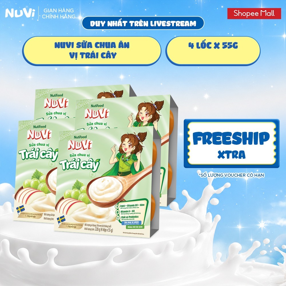 [KOL] Combo 4 Lốc NuVi Sữa Chua Ăn (Hokkaido Cheese, Trái Cây, Dinh Dưỡng) 55g/hộp