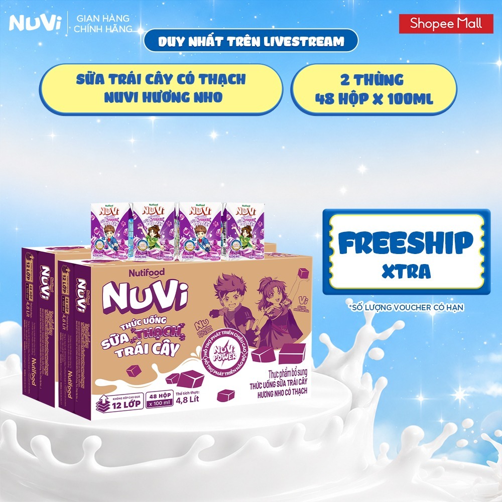 [KOL] Combo 2 Thùng 48 Hộp Thức Uống Sữa Có Thạch NuVi Chọn Vị 100ml