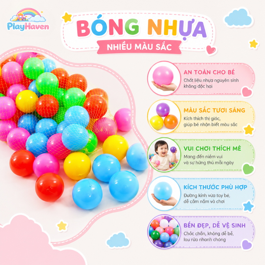 Combo 30/50/100 Bóng Nhựa Mềm Cho Bé - Bóng Nhiều Màu An Toàn Vui Chơi Tại Nhà