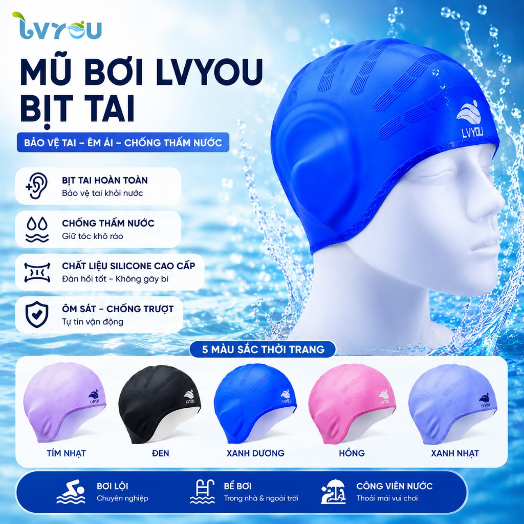 Mũ bơi có bịt tai LVYOU, mũ bơi SWIMMING CAP có bịt tai cỡ đại bằng silicone, mũ bơi LVYOU trẻ em bền đẹp