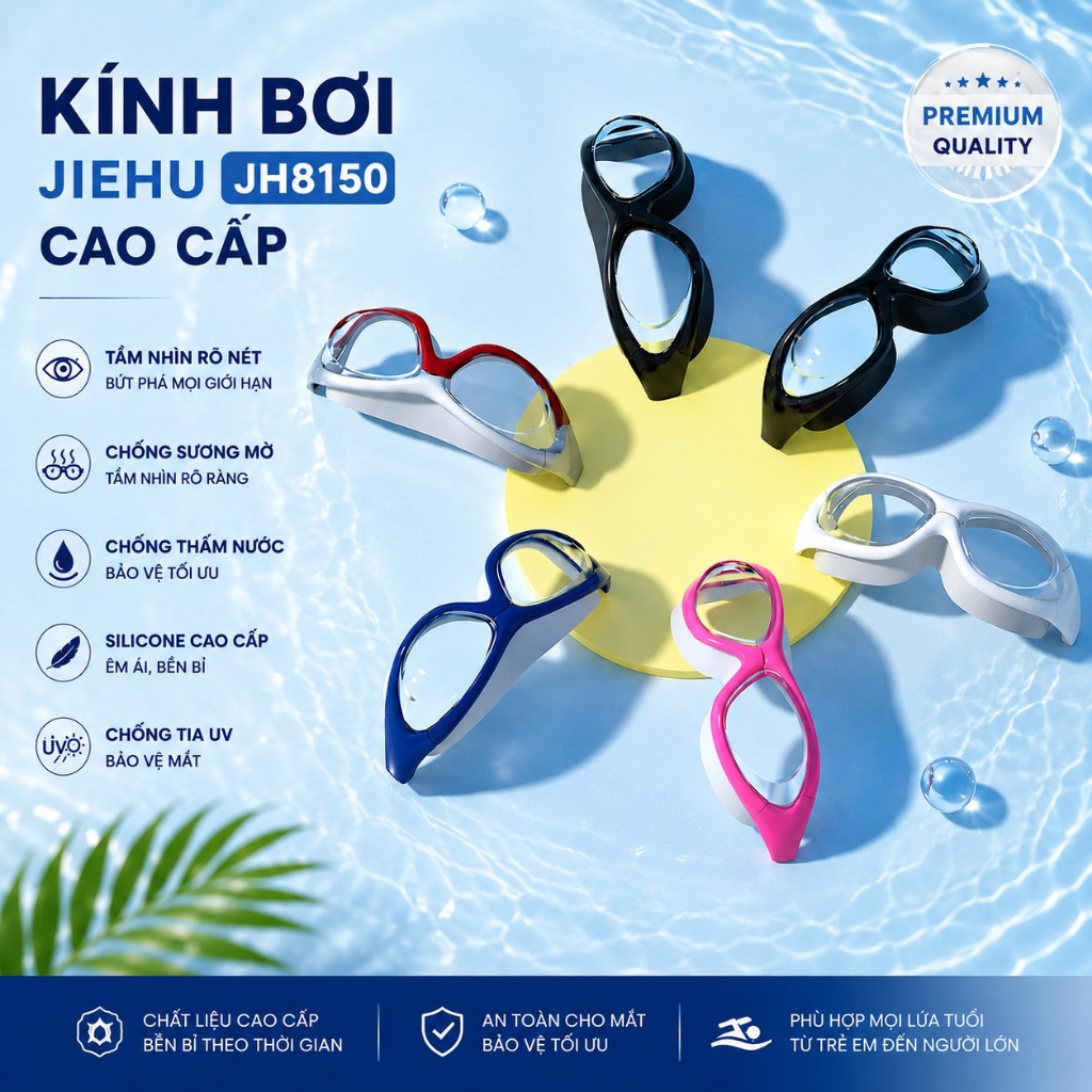 Kính bơi JIEHU cao cấp cho người lớn, thiết kế thời trang, đeo êm ái, khả năng chống nước và sương mờ tốt