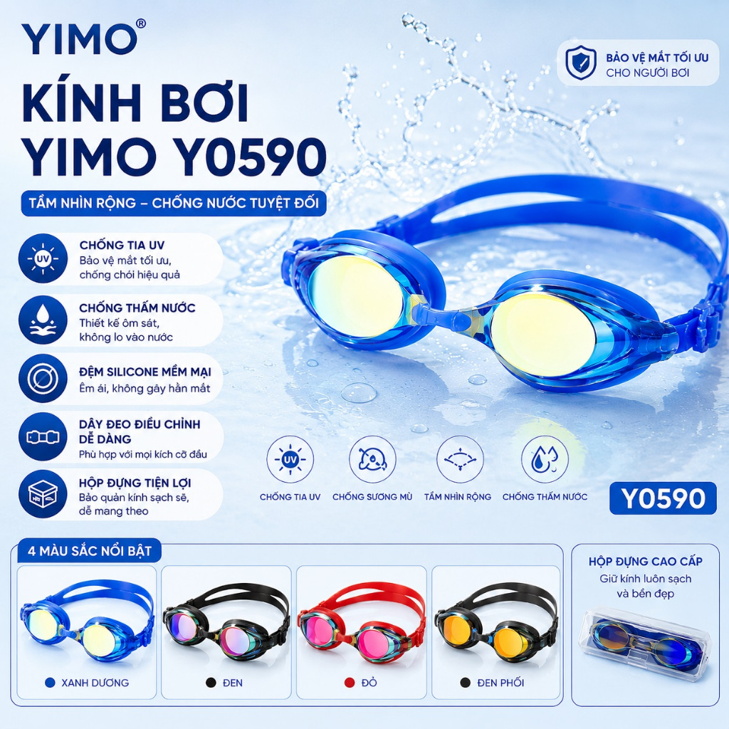Kính bơi tráng gương chống lóa YIMO Y0590 thời trang sành điệu, chống nước và sương mờ tốt