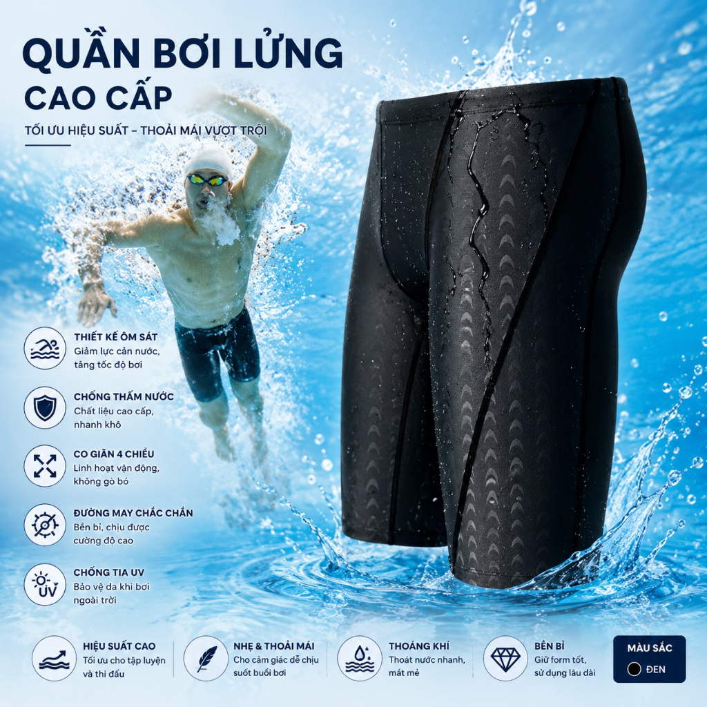 Quần bơi lửng nam dày dặn, độ co giãn tốt, thiết kế thời trang, nam tính mang đậm phong cách chuyên nghiệp