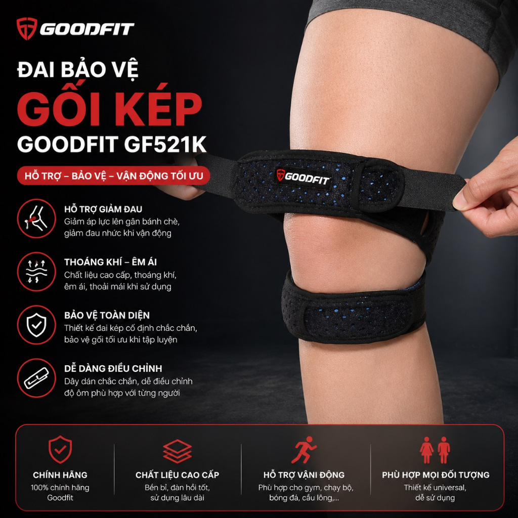 Đai bảo vệ gối kép co giãn 4 chiều, bó gối thoáng khí GoodFit GF521K